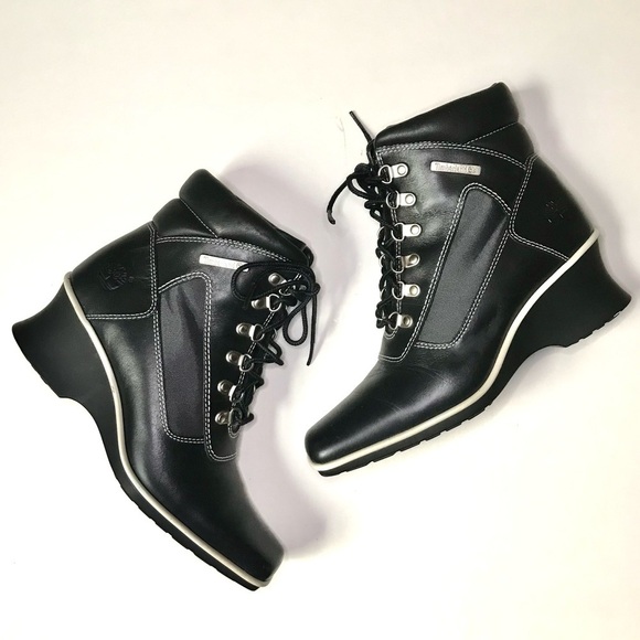 TIMBERLAND Hill Wedge Ankle Boots Size 5.5 Leather lace-up Black with White trim - Picture 2 of 16